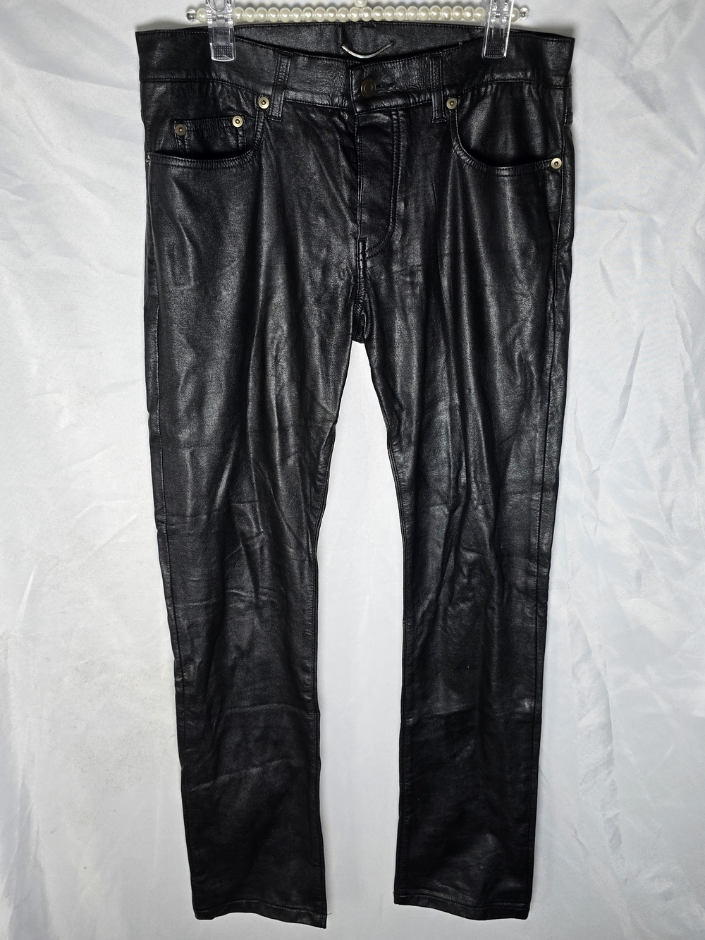Yves Saint Laurent Black Vegan Leather Skinny Straight Pants Cotton Lined Sz 30